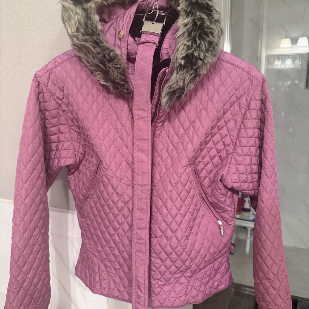 Obermeyer Pink Quilted Puffer Jacket with Faux Fur Hood